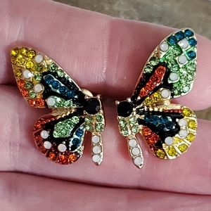 Butterfly earrings crystals asymmetrical New gold studs Pierced Colorful Realist